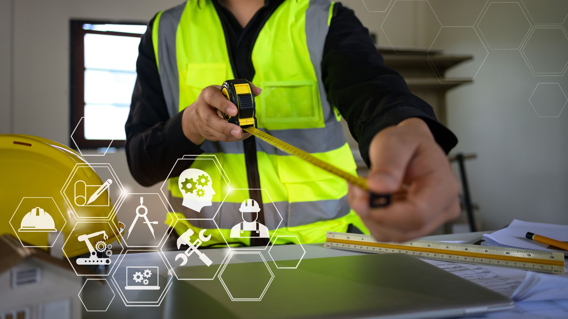 Construction worker using measuring tape with digital innovation and smart industry technology